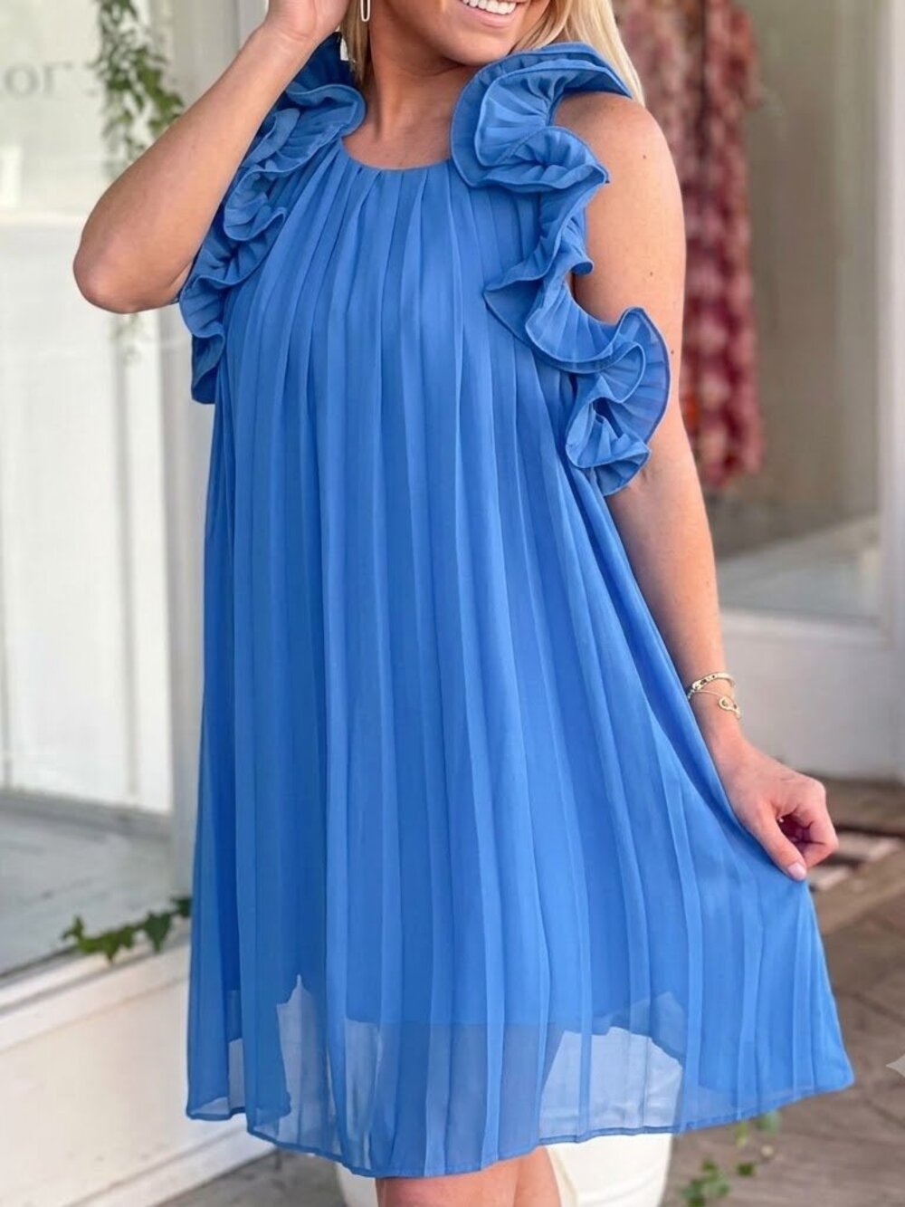 Jodifl NWT royal blue sleeveless ruffle pleated lined relaxed shift dress sz M